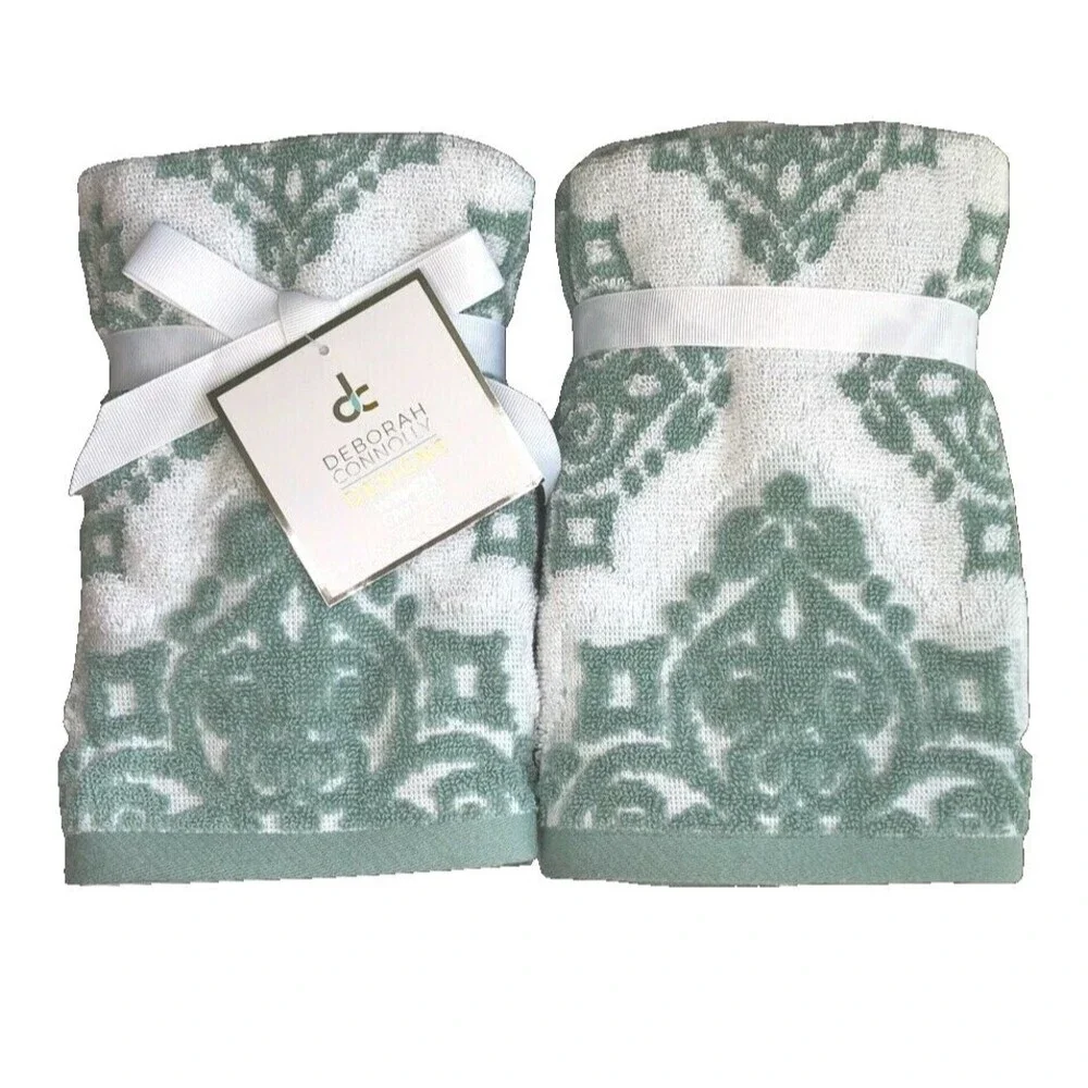 Deborah Connolly Fingertip Towels Green White Chenille Sculptured Set of 2